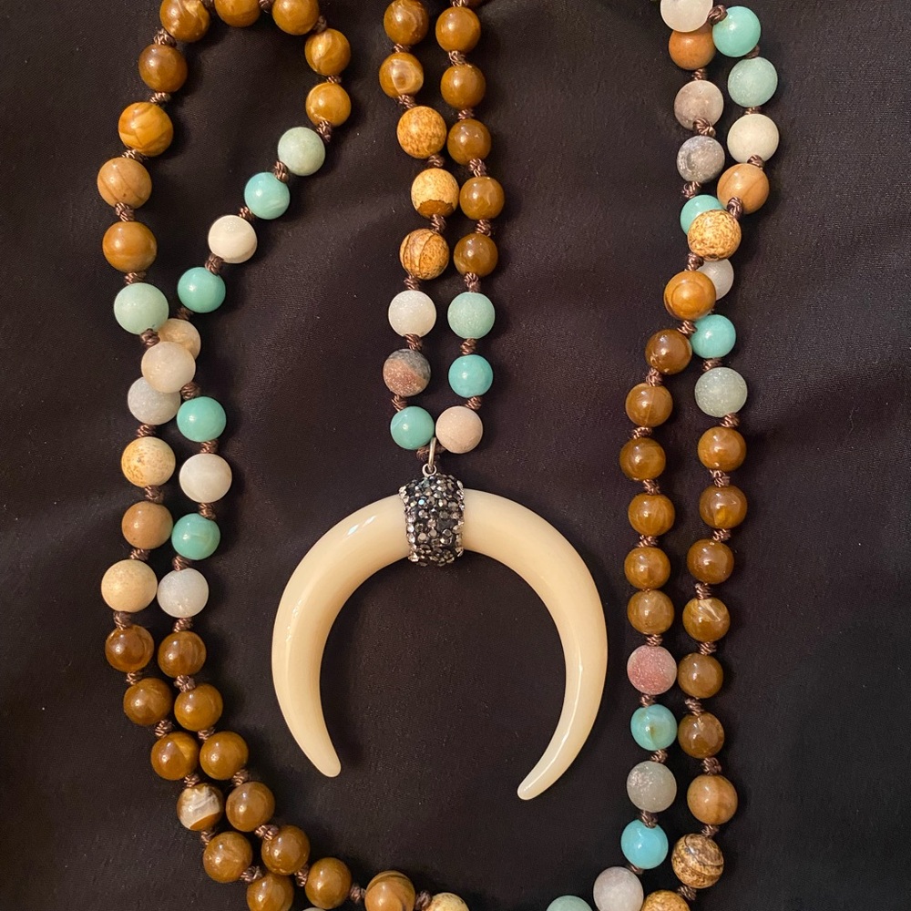 Bohemian Brown and Turquoise Beaded Necklace with Ivory Crescent Pendant